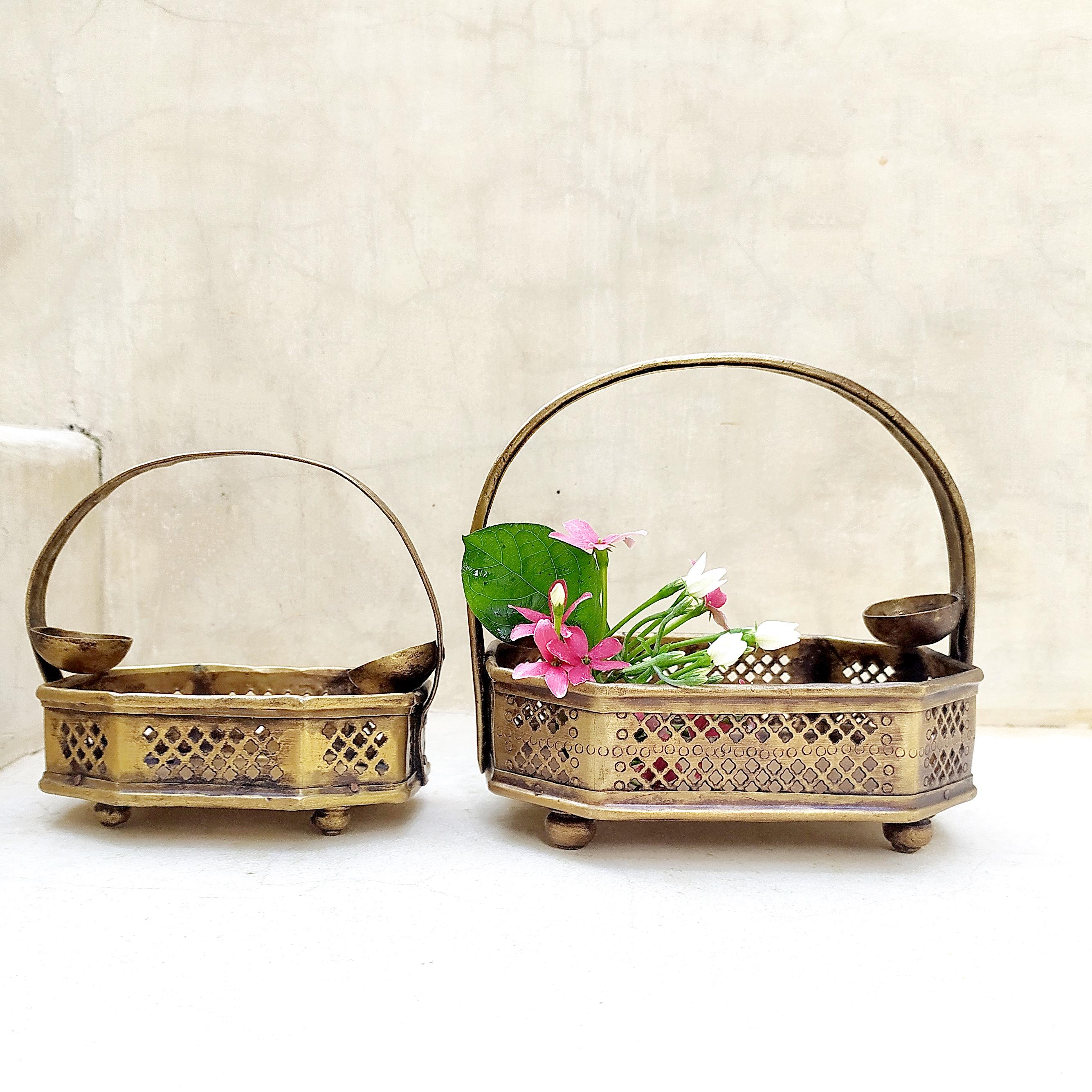 Pair of Traditional Vintage Brass Flower Baskets, Poola