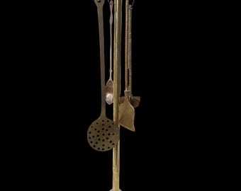 Ornate Vintage Brass Kitchen Spoon Set with Stand, Indian Decor (70cm)
