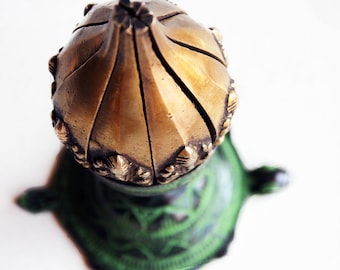 Tibetan Brass Lotus Lamp with Lord Ganesha , Vintage Oil & Wick Brass Diya With Green Patina Finish, Brass Candle Holder , Lotus Flower Lamp