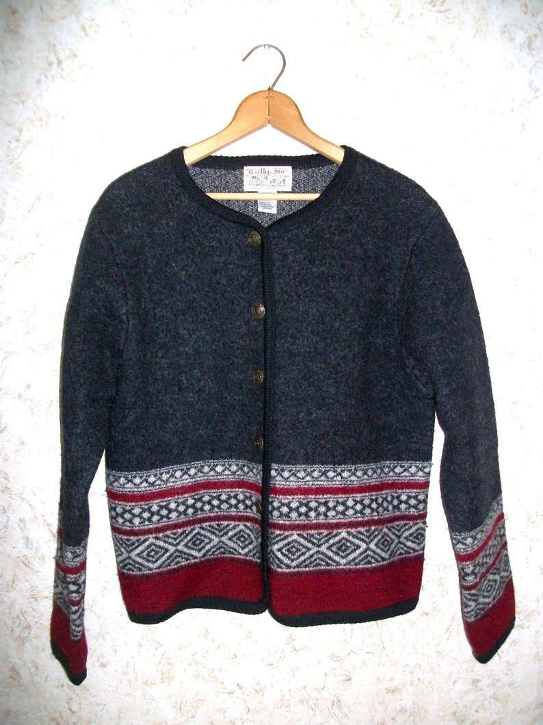 80s Tally Ho Wool Cardigan Sweater Button Down Winter Snow Ski Sweater Charcoal Gray Burgundy 1980s Retro Fashion Vintage Womens Medium