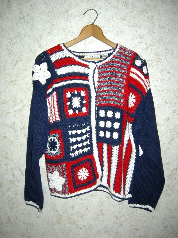 Vintage PATRIOTIC Granny Square Crocheted Sweater