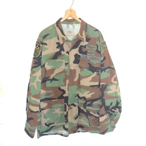 90s Boho Army Issue Military Camo Patched Hunting Jacket Coat Boho Chic Retro 1990s Grunge Oversized Unisex Womens Mens Small