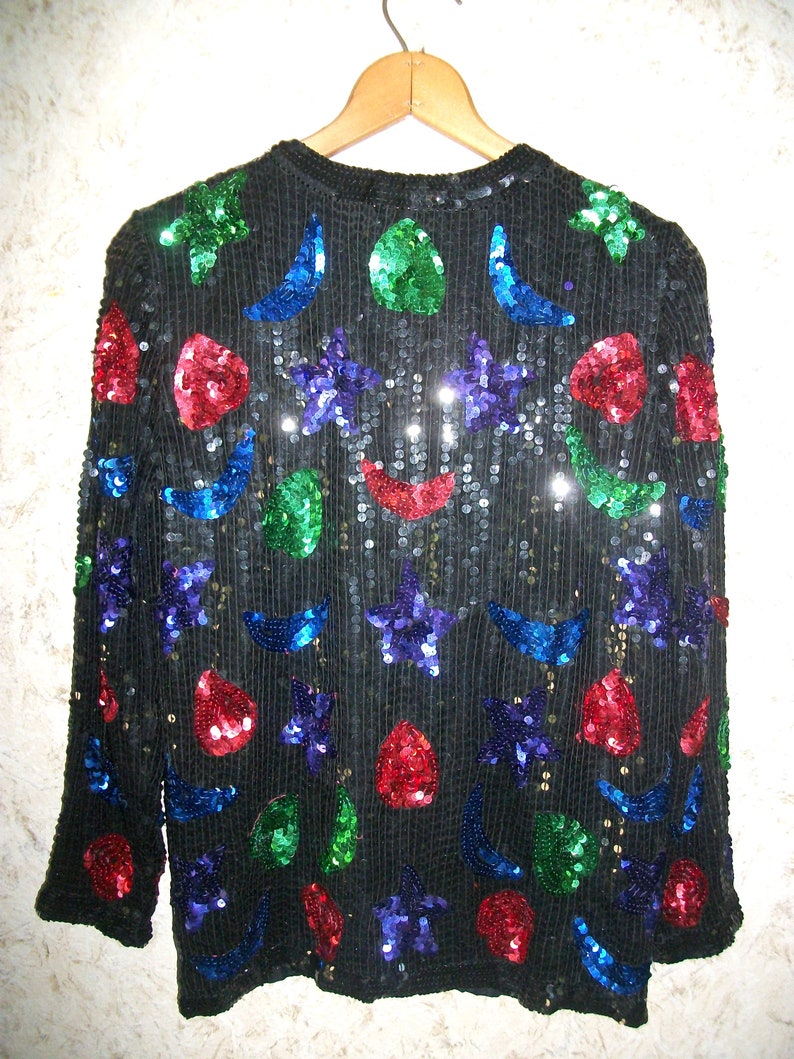 80s Colorful Sequin Jacket Nagpal Silk Jacket Heart Moon Stars Long Sleeve Night Club Cocktail Party Bling Retro Fashion Womens Medium