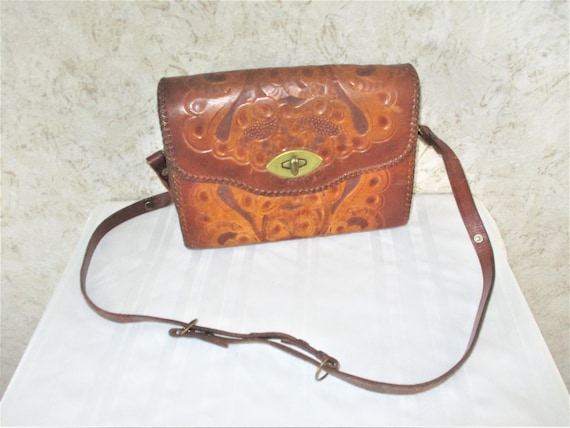 70s Boho Hand Tooled Leather Western Purse Brown L