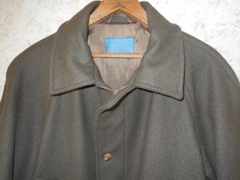 Vintage Pendleton Wool Long Overcoat Business Coat Army Green Olive Dinner Winter Cold Thinsulate Lined Retro Classic Made USA Mens Size 42