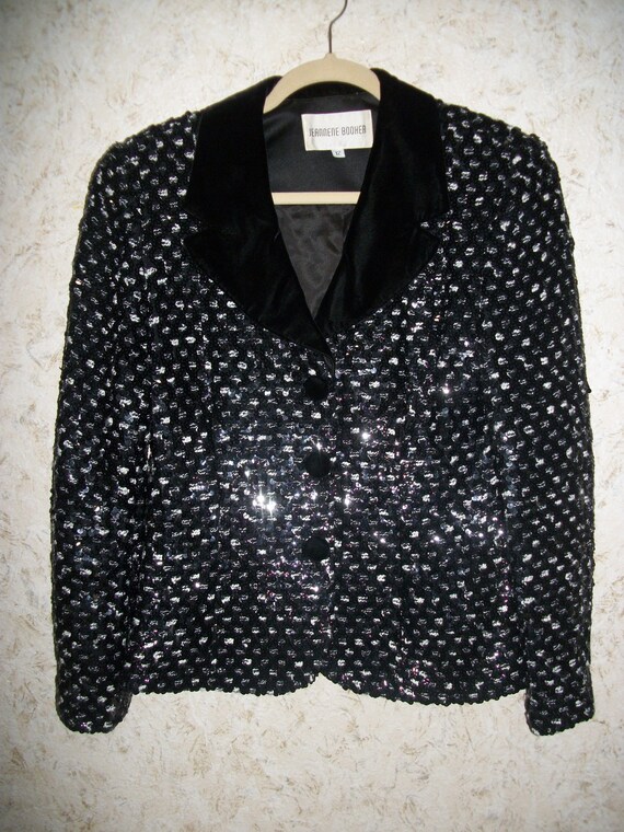 Vintage Black Sequin Velvet Blazer Jacket Jeannene