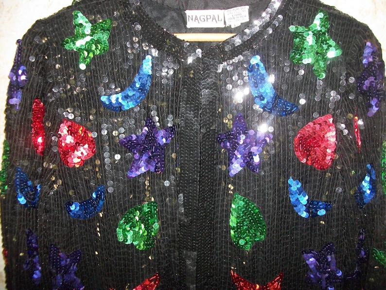 80s Colorful Sequin Jacket Nagpal Silk Jacket Heart Moon Stars Long Sleeve Night Club Cocktail Party Bling Retro Fashion Womens Medium