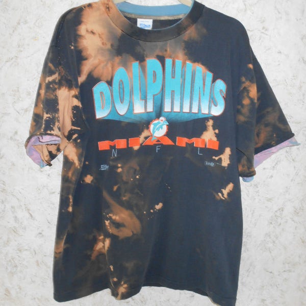 Vintage 1990s Miami Dolphins Bleach Stained Crewneck Tee T Shirt Short Sleeves NFL Football Cotton Retro Hipster Made in USA Mens XL