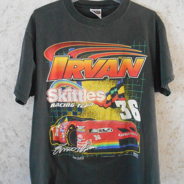 Vintage 90s NASCAR Ernie Irvan Tee 1998 Skittles Racing Team Black Large Graphics T Shirt Short Sleeves Retro Hipster Cotton Tee Mens XL