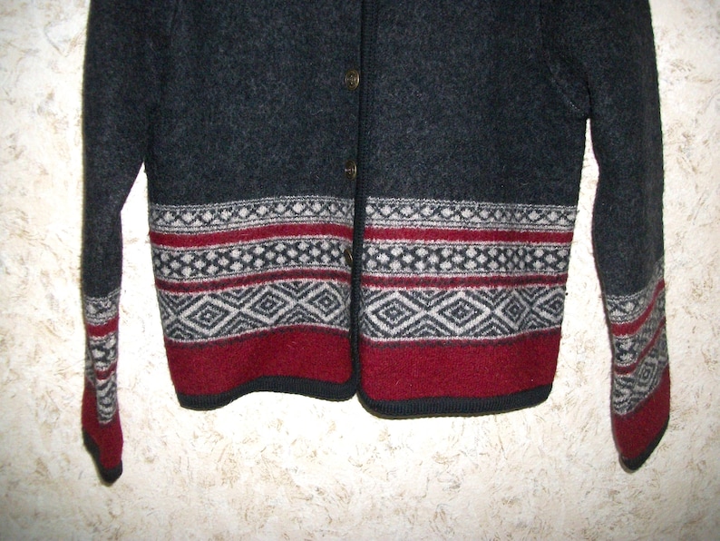 80s Tally Ho Wool Cardigan Sweater Button Down Winter Snow Ski Sweater Charcoal Gray Burgundy 1980s Retro Fashion Vintage Womens Medium