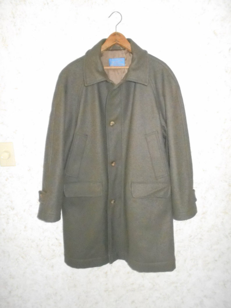 Vintage Pendleton Wool Long Overcoat Business Coat Army Green Olive Dinner Winter Cold Thinsulate Lined Retro Classic Made USA Mens Size 42
