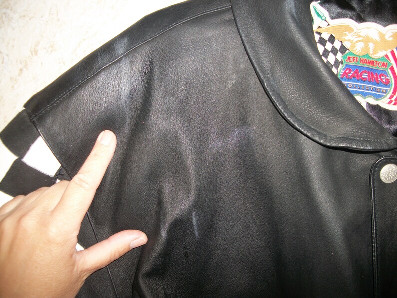 Rare 1998 Jeff Hamilton NASCAR Black Leather Bomber Jacket 50th Anniversary Car Racing Zippered Coat Black White Checkered Sleeves Mens XL