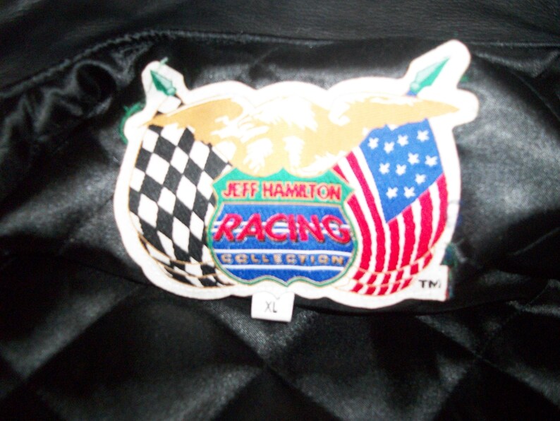 Rare 1998 Jeff Hamilton NASCAR Black Leather Bomber Jacket 50th Anniversary Car Racing Zippered Coat Black White Checkered Sleeves Mens XL