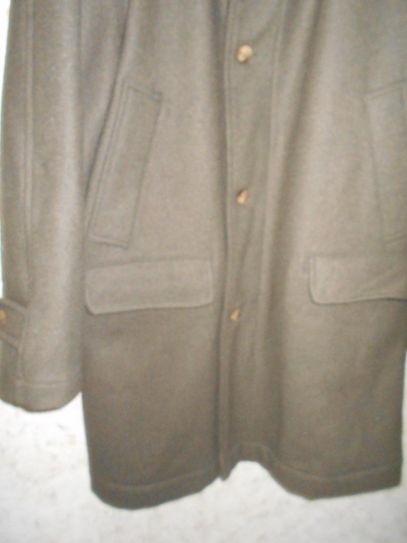 Vintage Pendleton Wool Long Overcoat Business Coat Army Green Olive Dinner Winter Cold Thinsulate Lined Retro Classic Made USA Mens Size 42