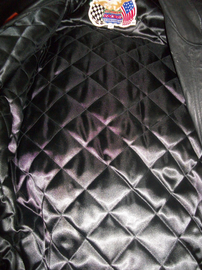 Rare 1998 Jeff Hamilton NASCAR Black Leather Bomber Jacket 50th Anniversary Car Racing Zippered Coat Black White Checkered Sleeves Mens XL