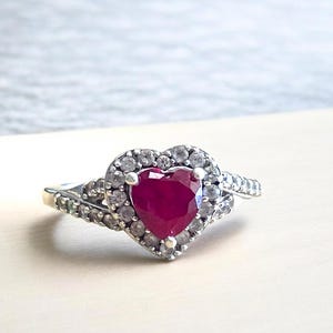 Heart Cut Ruby Diamond Halo Sterling Silver Ring SK9