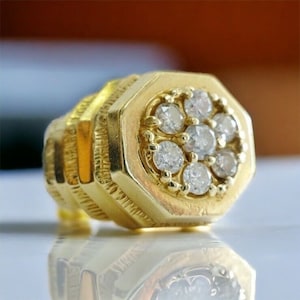 Diamond Cluster Stepped Shank Ring Mens Vintage 14K Yellow Gold .40ct