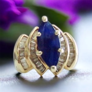 2CT Marquise Blue Sapphire Diamond Baguette Cocktail Ring in 14K Yellow Gold