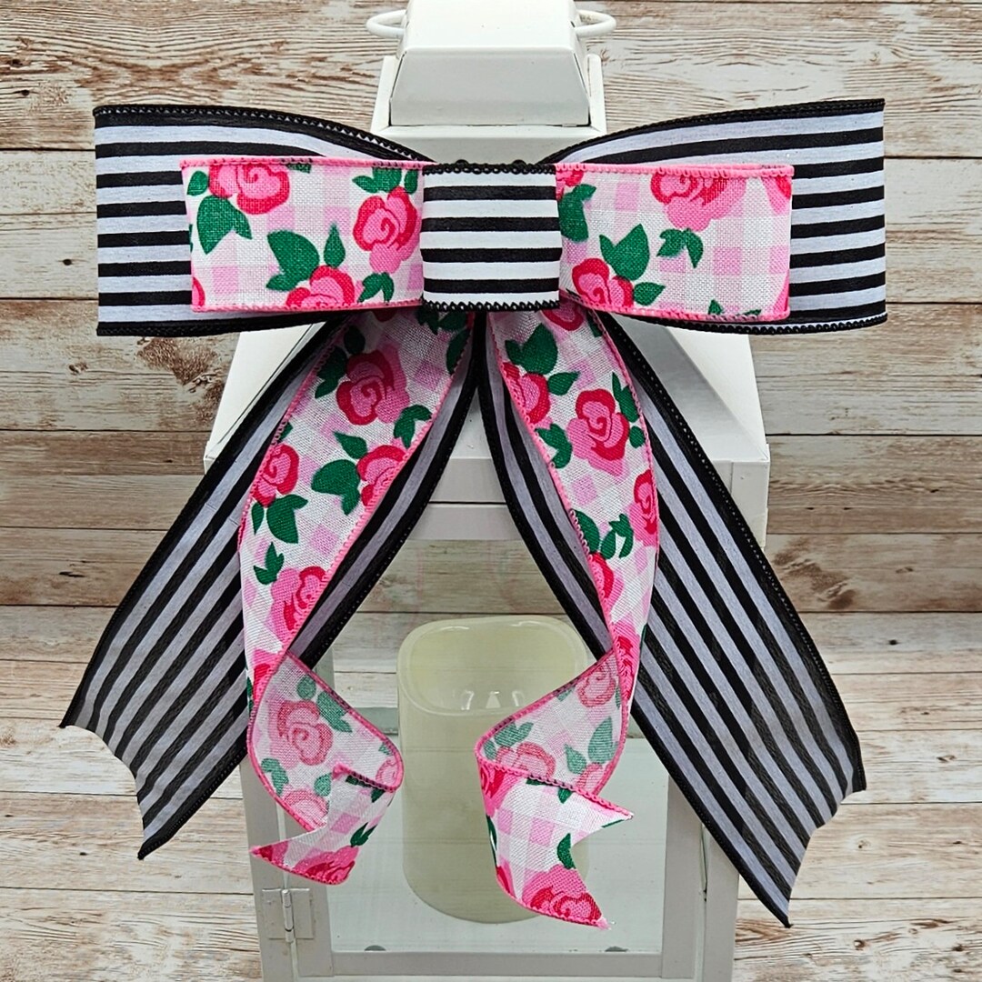Valentine's Day Wreath Bow, Spring Bow for Wreath, Pink Rose Bow, Black ...