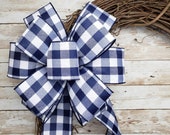 Navy Blue White Buffalo Plaid Bow, Farmhouse Wreath Bow, Buffalo Check Bow for Wreath, Fall Decor, Christmas Decorations, Lantern Topper Bow