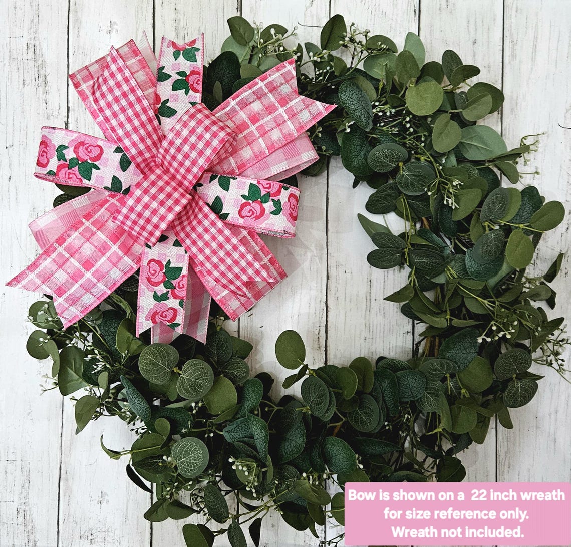 Rose Bow for Wreath, Pink Bow, Spring Wreath Bow, Floral Bow, Checkered ...