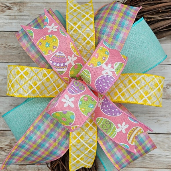 Easter Bow for Wreath, Easter Egg Bow, Pastel Bow, Spring Wreath Bow, Easter Basket Bow, Lantern Bow, Easter Decor, Plaid Bow, Pink Bow