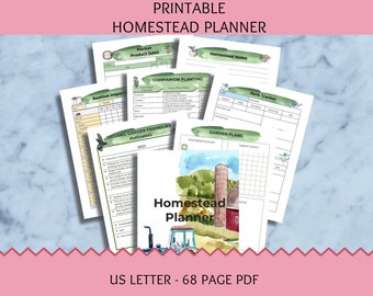 May include: A printable homestead planner featuring a 68-page PDF document with various tracking sheets including market product sales, homestead notes, companion planting, herb tracker, beehive inspection, organic garden pollinators, and garden plans.
