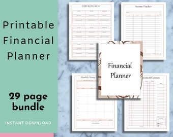 May include: A printable financial planner bundle featuring five distinct pages with beige and brown accents. The pages include headers for Debt Repayment, Income Tracker, Monthly Money Goals, and Income & Expenses, plus a cover page titled Financial Planner.