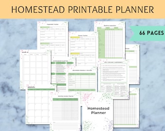 May include: A 66-page homestead printable planner featuring various tracking sheets with green and pink accents. Pages include a vegetable tracker, flower tracker, beehive inspection, companion planting guide, monthly garden planner, and a weekly calendar.