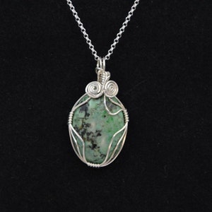 Necklace, sterling silver and turquoise jasper wire wrapped pendant necklace
