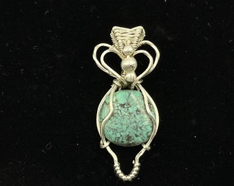 Necklace, genuine turquoise and sterling silver wire wrapped pendant necklace