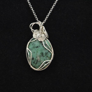 Necklace, sterling silver and turquoise jasper wire wrapped pendant necklace