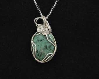 Necklace, sterling silver and turquoise jasper wire wrapped pendant necklace