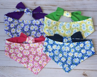 Purple, Pink, Yellow, Blue Daisy Bandana with matching backing.  Traditional tie or snap on available.