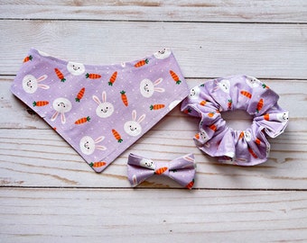 Purple Easter Bunny Bandana, 100% cotton. Snap on available if requested.  Optional matching scrunchie or hair bow.