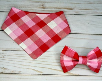 Valentines red, white and pink plaid bandana with bow tie (sold separate)