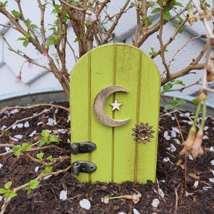 Puede incluir: Una pequeña puerta de madera verde con un diseño de luna creciente y estrella, un acento de flor de latón y dos bisagras de metal negro. La puerta está rodeada de mantillo marrón y follaje verde.