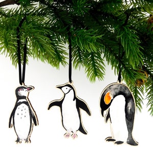 Set of 3 Wooden Penguin Decorations - Printed Birch Wood - Antiquarian - Vintage - Natural History