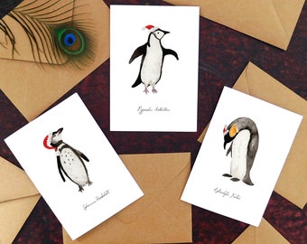 Pack de cartes de vœux pour spécimens de pingouins de Noël - Ensemble de 3 cartes de Noël imprimées pingouin - A6 - Vierge à l’intérieur
