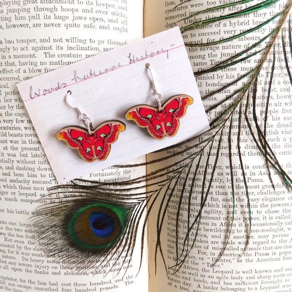 Atlas Moth Earrings - Made from Sustainable Printed Cherry Wood and Silver