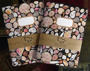 Mollusca Seashell Print A5 Soft Cover Journal and Notebook Set - 76 Lined Pages & 36 Plain Pages - Recycled Materials - Watercolour Design