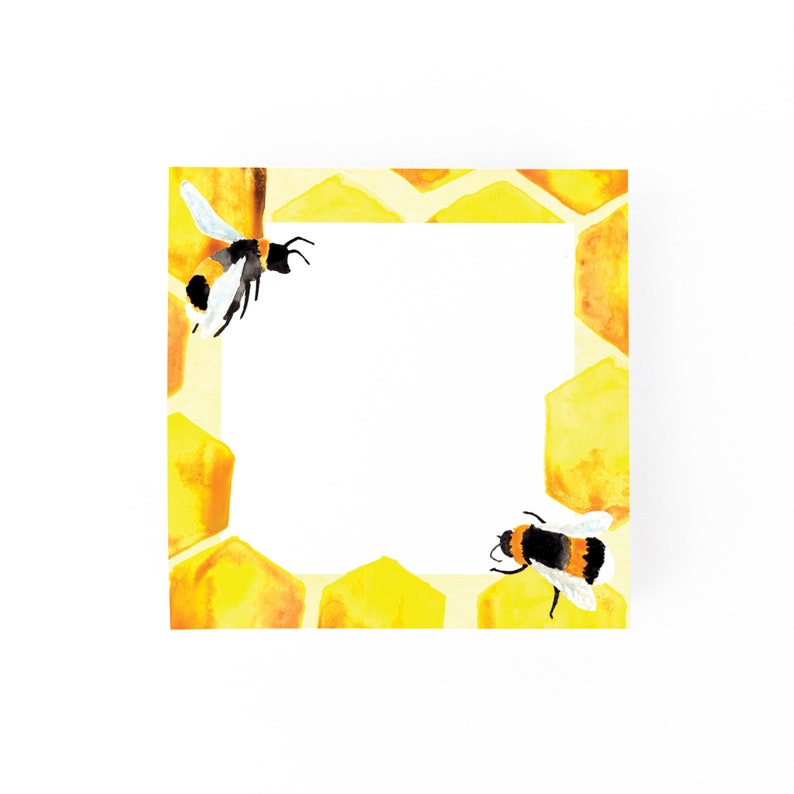 May include: A yellow and orange honeycomb pattern with two black and yellow bees on the corners. The bees have white wings and black stripes.