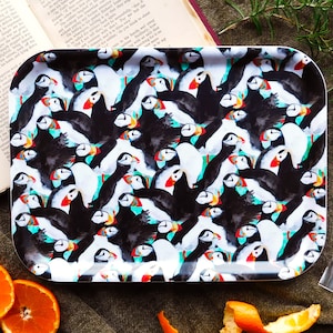 Improbability of Puffins Print Birch Wood Tray - Made from Sustainable Materials - Dishwasher Safe
