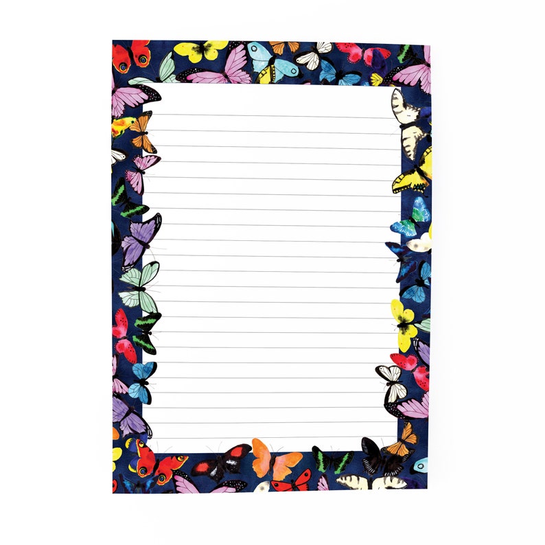 May include: A blue lined notepad with a border of colourful butterflies. The butterflies are in various shades of pink, purple, blue, green, yellow, and orange.