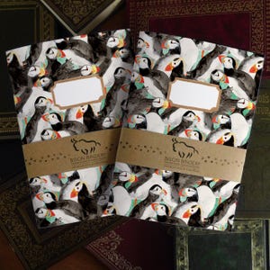 Unwahrscheinlichkeit der Puffins Druck A5 Softcover Journal und Notizbuch Set - 76 linierte & 36 Blanko Seiten - recycelte Materialien - Aquarell Design