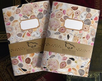Conchae Seashell Print A5 Soft Cover Journal and Notebook Set - 76 Lined Pages & 36 Plain Pages - Recycled Materials - Watercolour Designs
