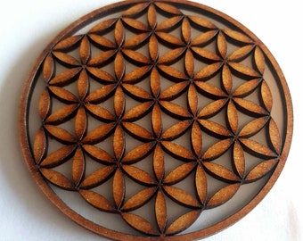 Plateau en BOIS pour Orgonite ou pierre. Fleur de vie, Sri Yantra, Triskel, Graine et Arbre de vie. 12cm