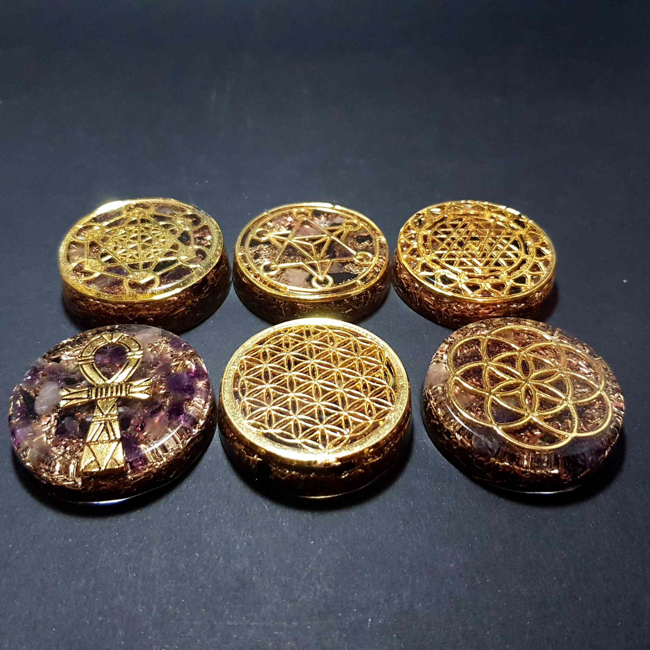 Orgonite de Poche Metatron, Fleur Vie, Sri Yantra, Ankh , Merkabah