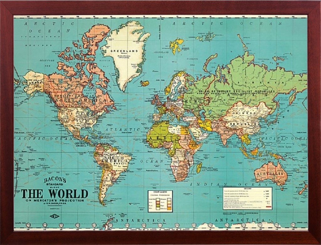Framed World Map Vintage Parchment Decorative Walnut Finish Etsy