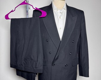 Stafford Suit Mens 40R W31 Black Solid Double Breasted Peak Lapel Vintage USA